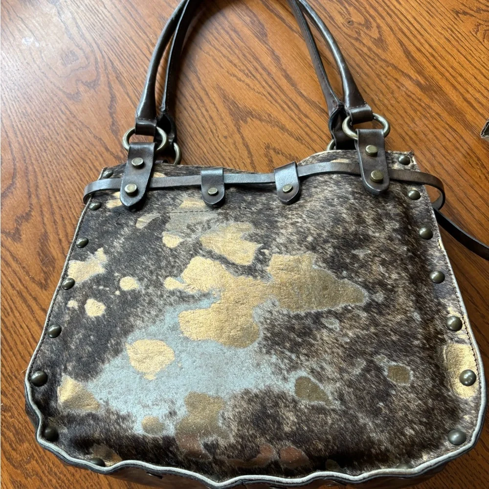 Vintage Maurizio Tauti Leather Tote Bag with Brown and Cream Haircalf Pattern - Picture 2 of 10
